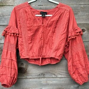 House of Harlow 1960 Deep Coral Blouse with Pom-Pom Sleeves